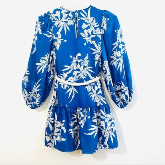 Alexis Blue Mini Dress XXS Floral Print Rope Belt Swing Long Sleeve Satin New - Picture 10 of 15